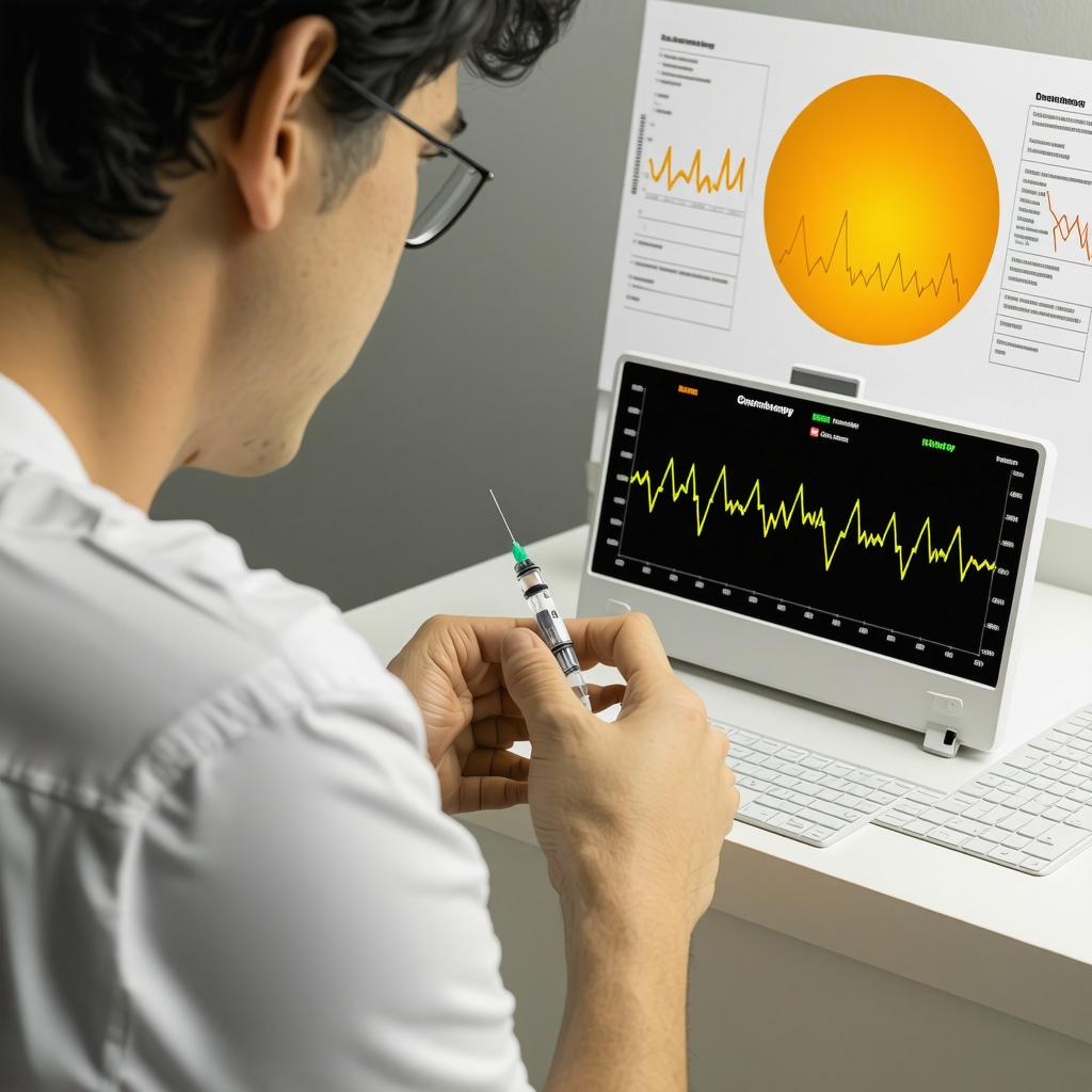 Medical illustration of semaglutide injection timed with circadian rhythm and biomarker monitoring charts