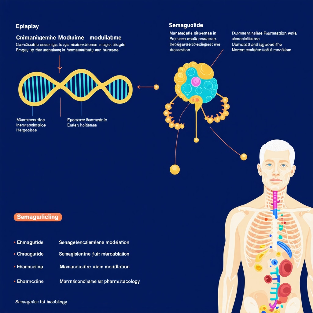 Infographic showing how epigenetic modifications and gut microbiome influence semaglutide's fat-burning effects