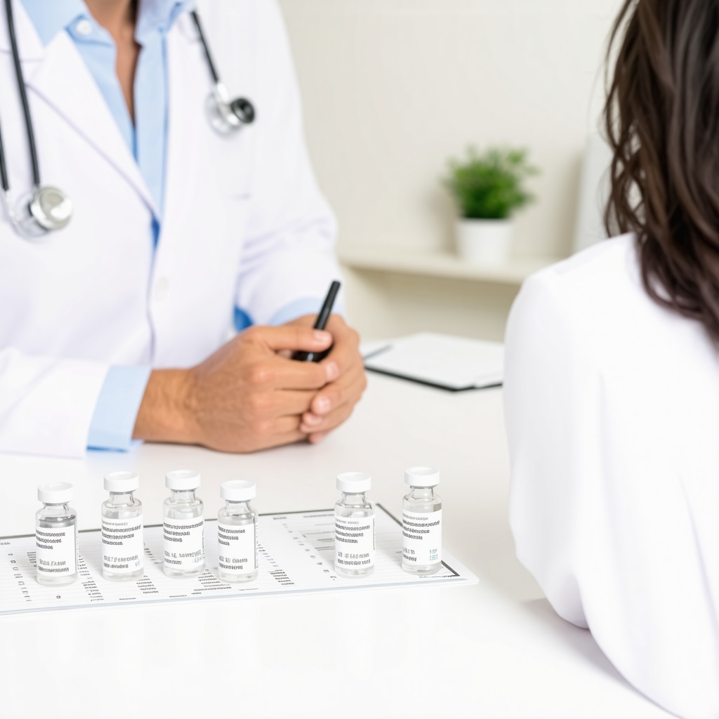 Doctor discussing weight loss plan with patient, semaglutide medication and fasting schedule.