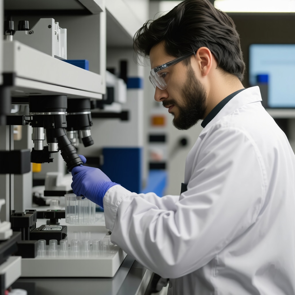 Scientist studying gut microbiome samples in a laboratory setting