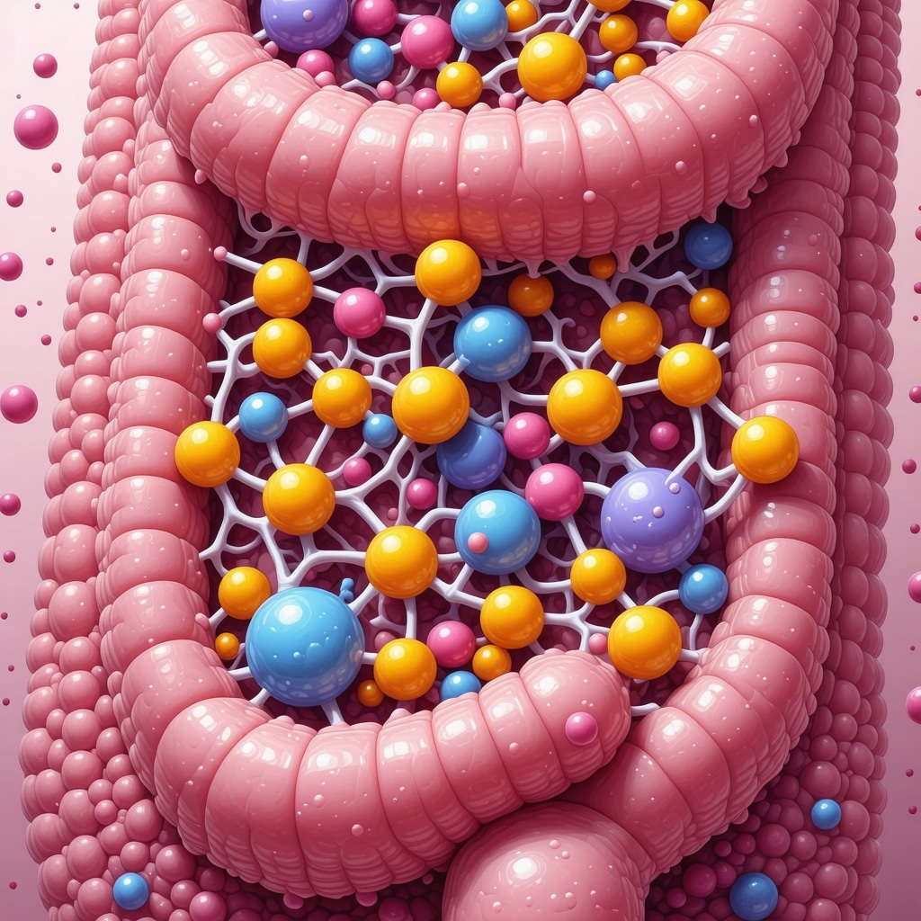 Detailed illustration of gut bacteria and semaglutide molecules interacting within the human digestive system.