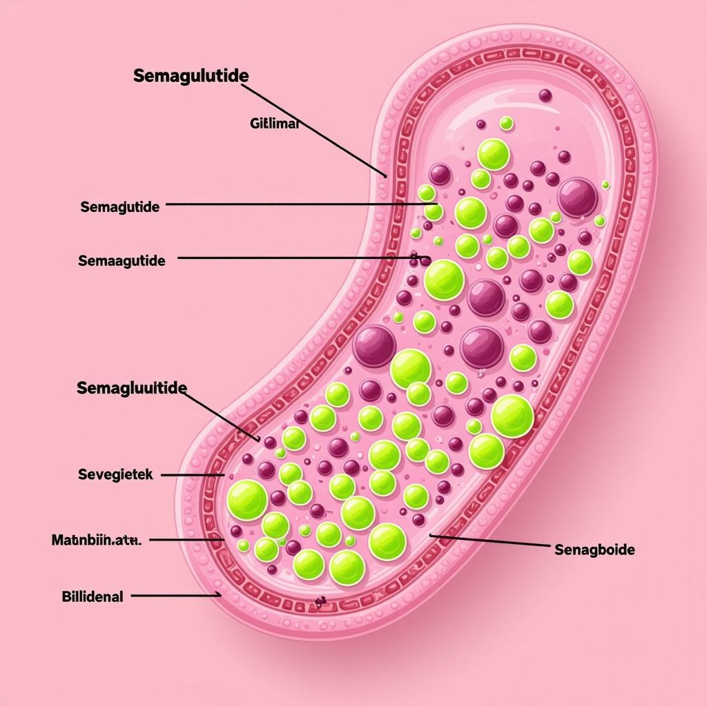 Illustration showing gut microbiota, genetic factors, and metabolic pathways influencing semaglutide response.