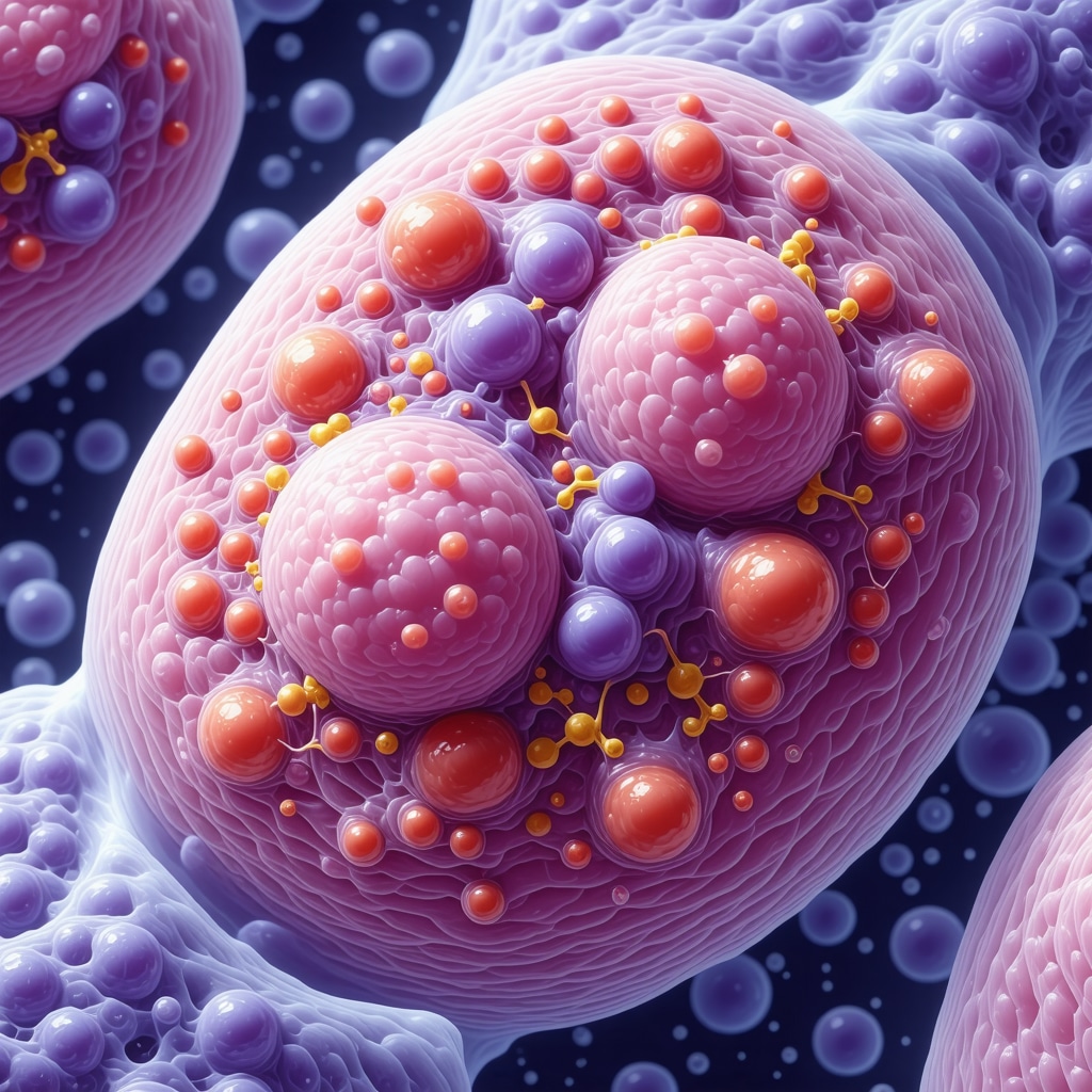 Scientific diagram showing mitochondrial fusion and fission in adipocytes, emphasizing molecular pathways involved in fat oxidation.