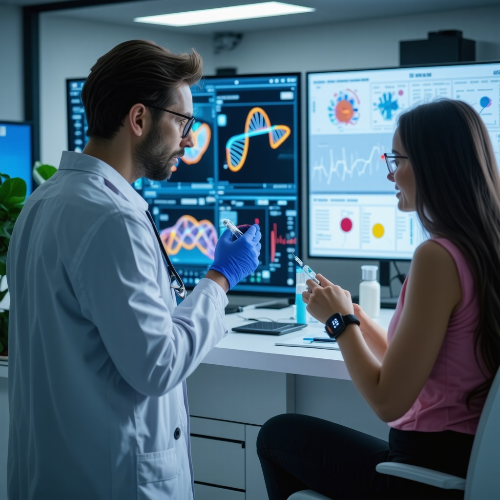 Medical team reviewing genetic profiles and digital health data while patient receives semaglutide injection