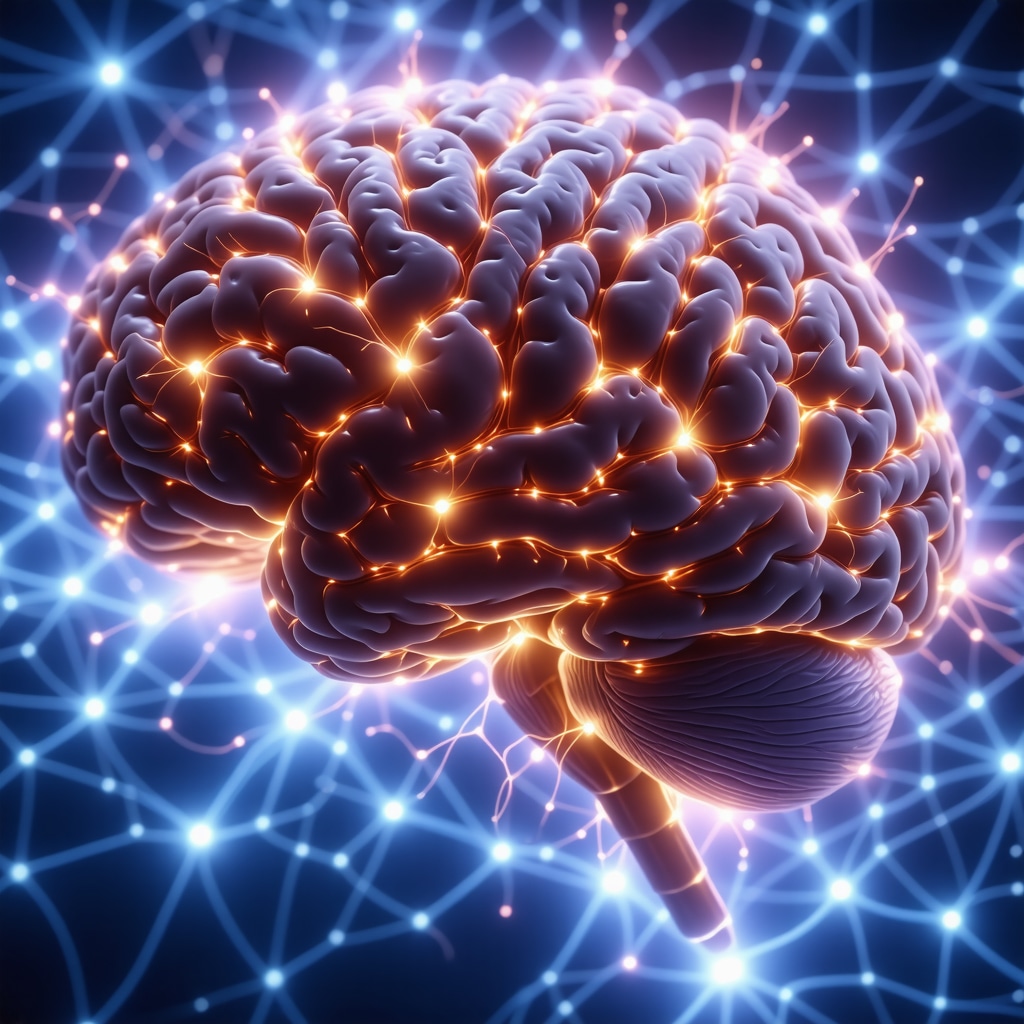 Illustration of brain neurons with glowing synapses demonstrating neuroplasticity involved in appetite regulation