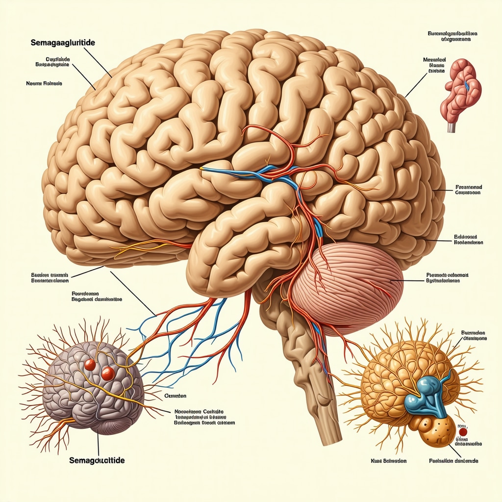 Illustration of brain regions and neural pathways affected by Semaglutide for weight loss