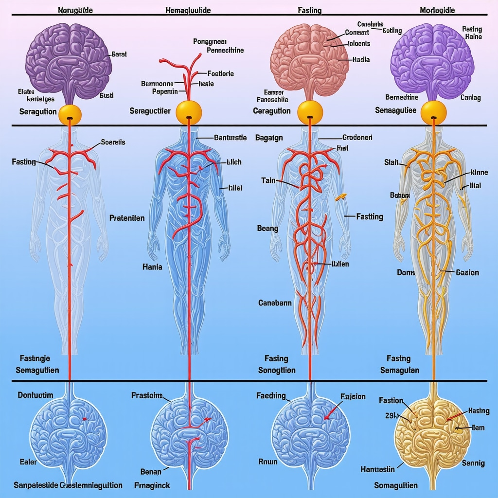 Diagram showing hormonal pathways and timing for Semaglutide and fasting synergy