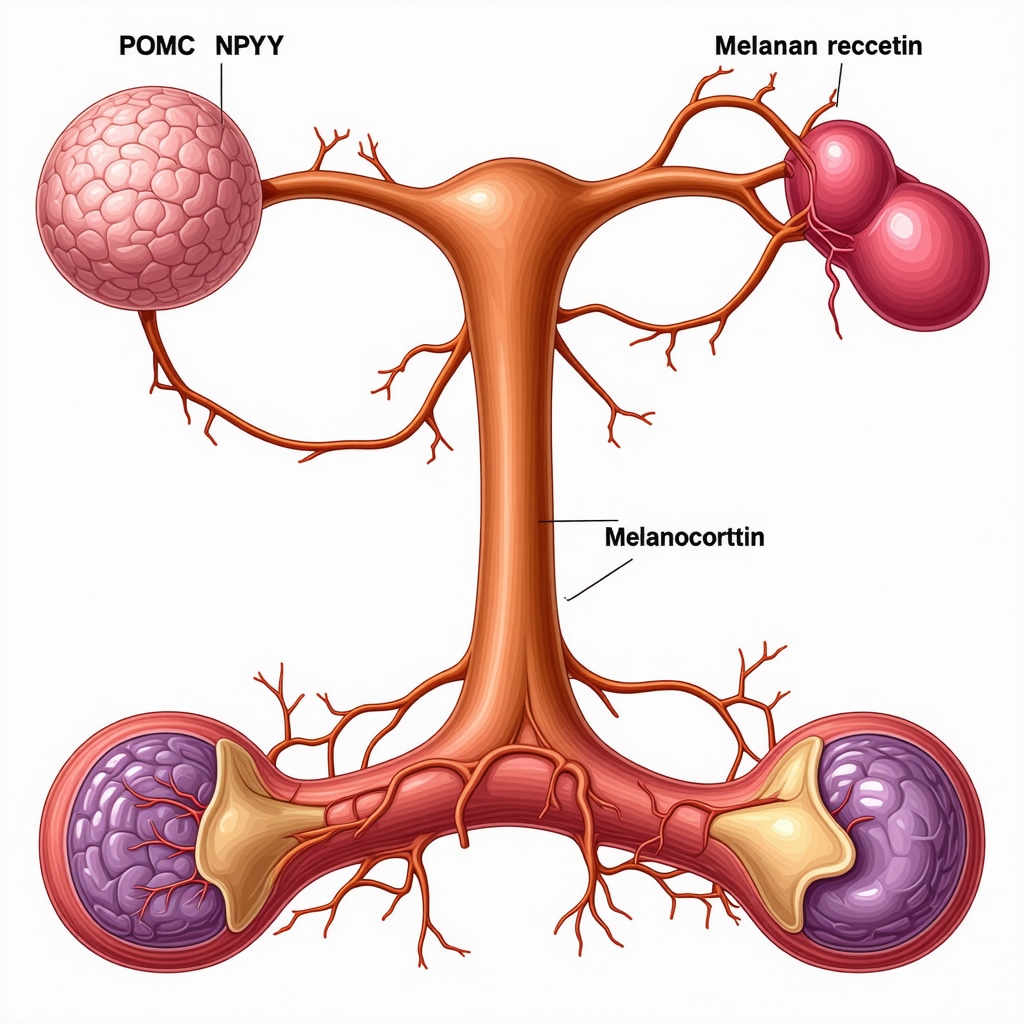 Diagram of hypothalamic pathways involving POMC, NPY, and melanocortin receptors regulating hunger and satiety.