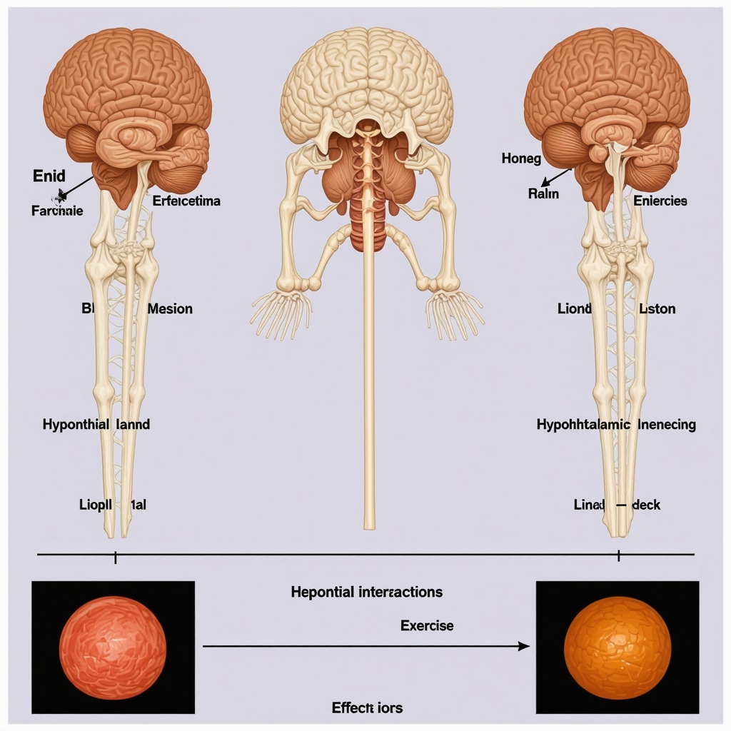 Detailed diagram showing hypothalamic centers, hormonal interactions, and exercise effects related to semaglutide weight loss