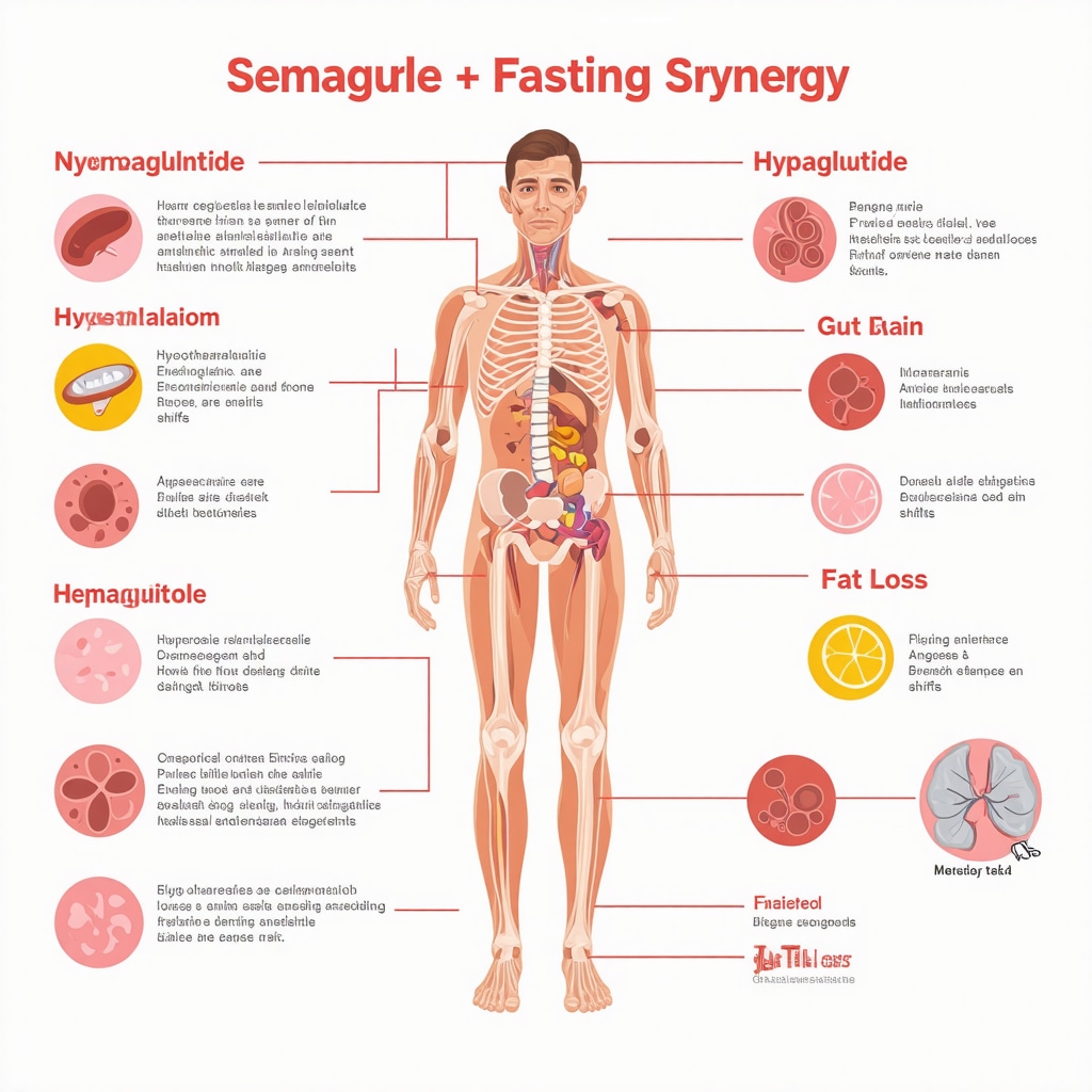 Diagram illustrating how semaglutide and intermittent fasting influence brain and hormonal signals to promote fat loss.