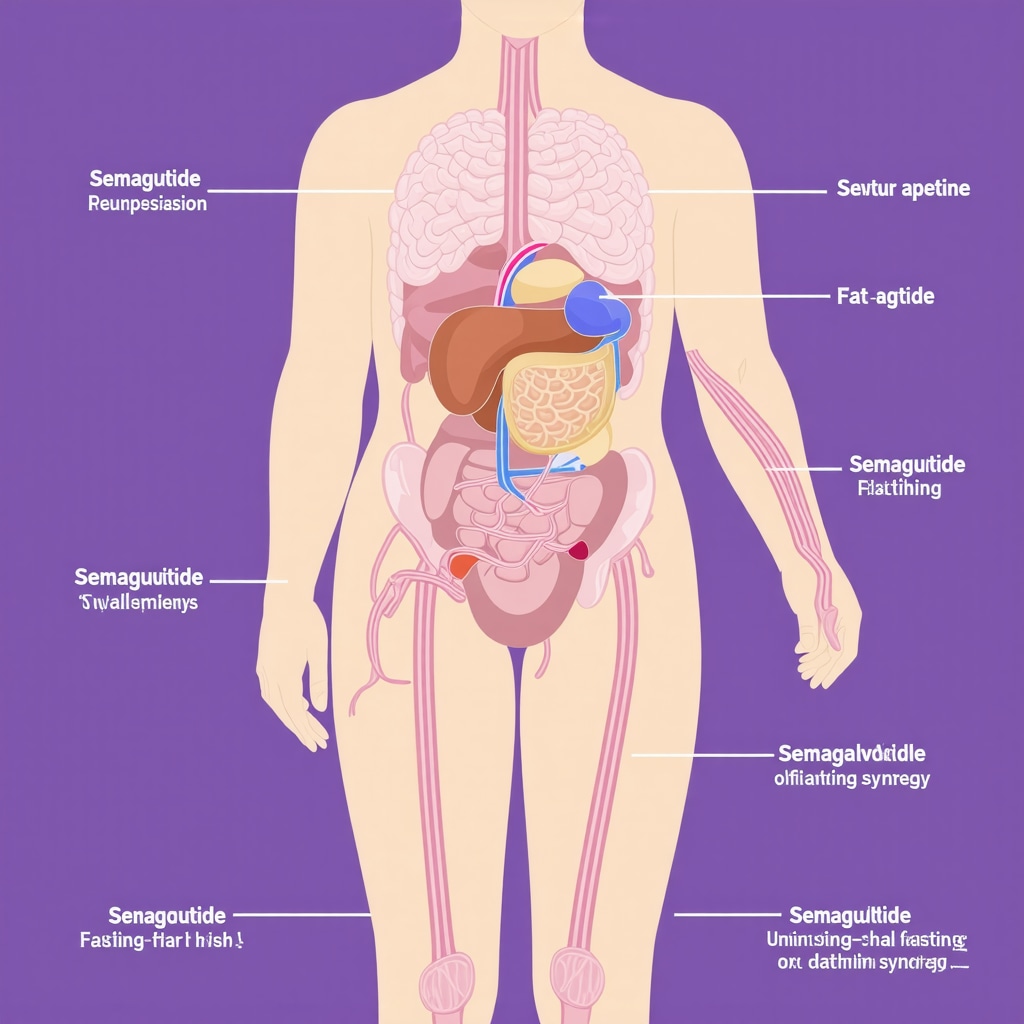 Detailed diagram showing hormonal pathways regulating appetite and fat burning during Semaglutide-enhanced fasting.