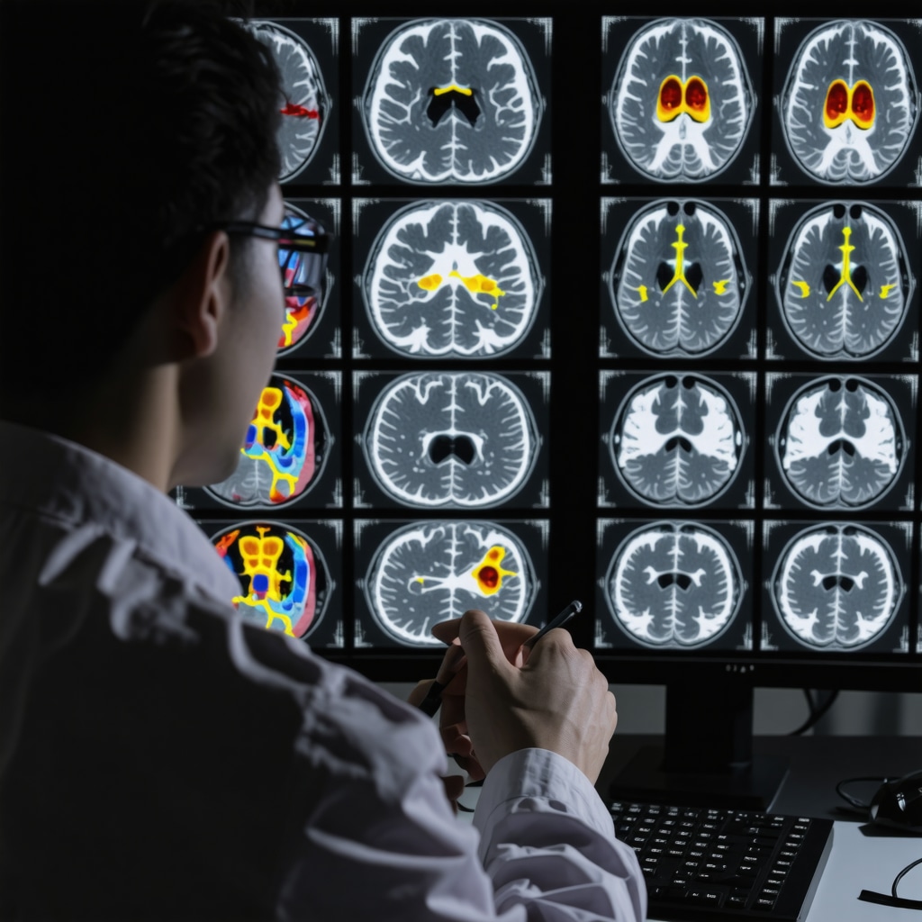 Neuroscientist examining brain scans illustrating GLP-1 receptor activity and neural pathways involved in appetite regulation.