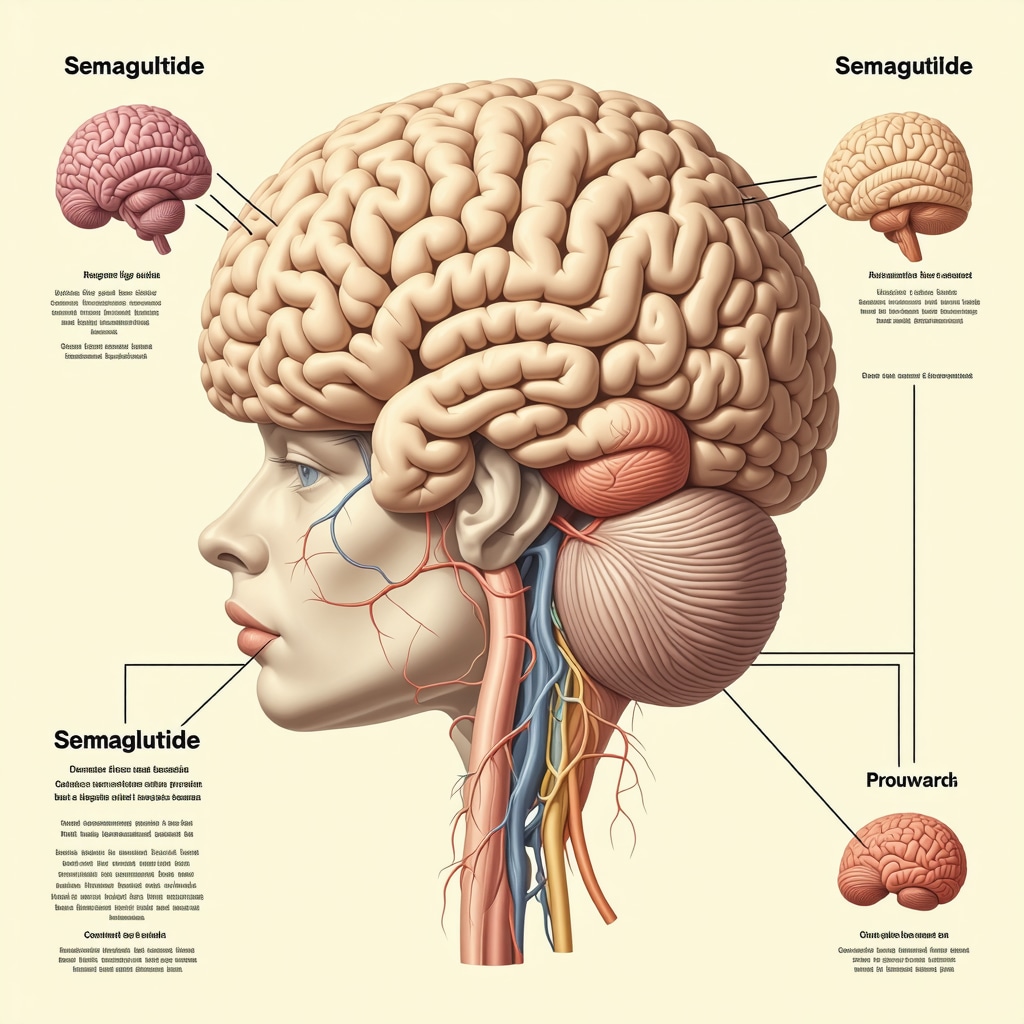 Brain pathways involved in appetite control and reward system, illustrating Semaglutide's neural effects