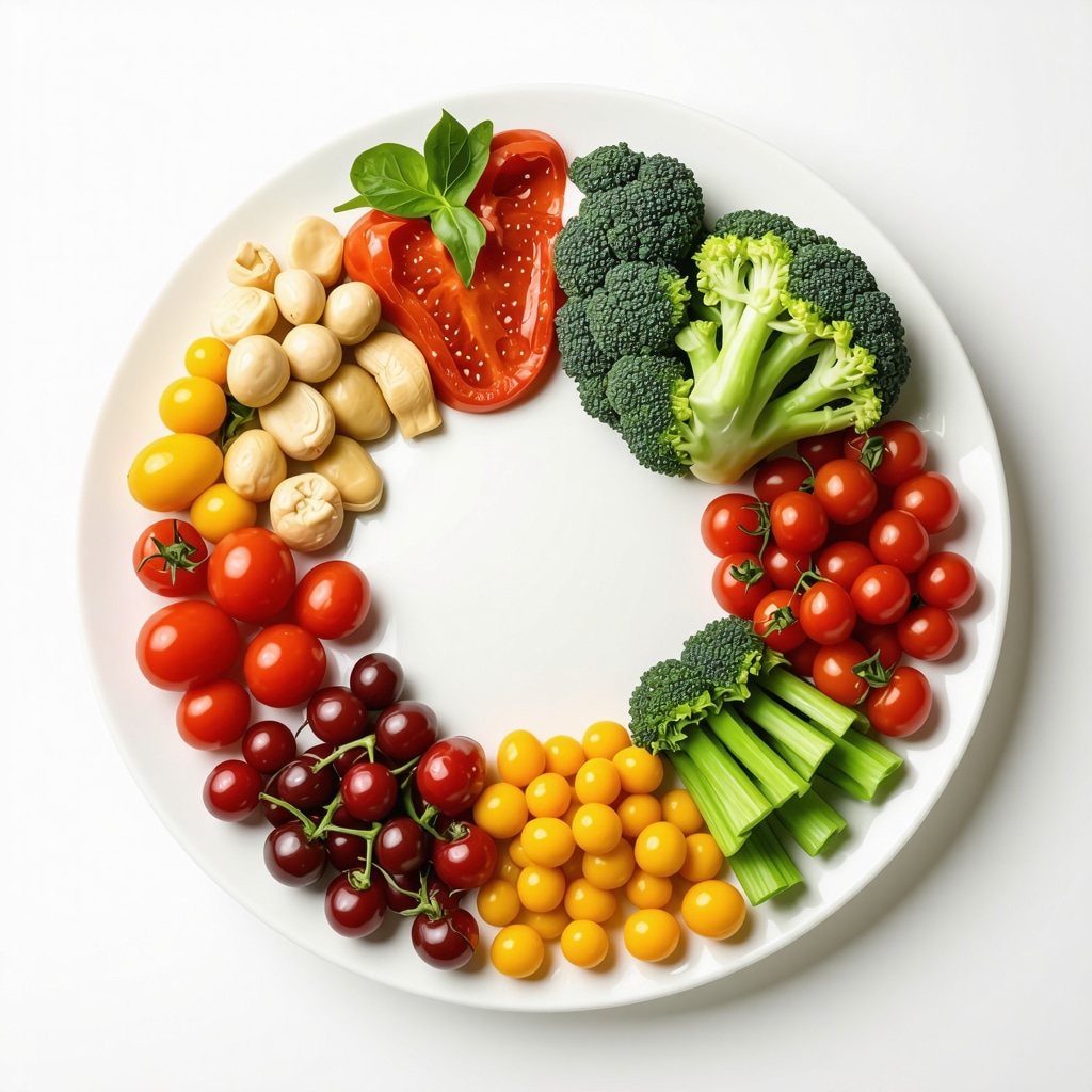 Plate with lean meats, vegetables, and water representing dietary strategy