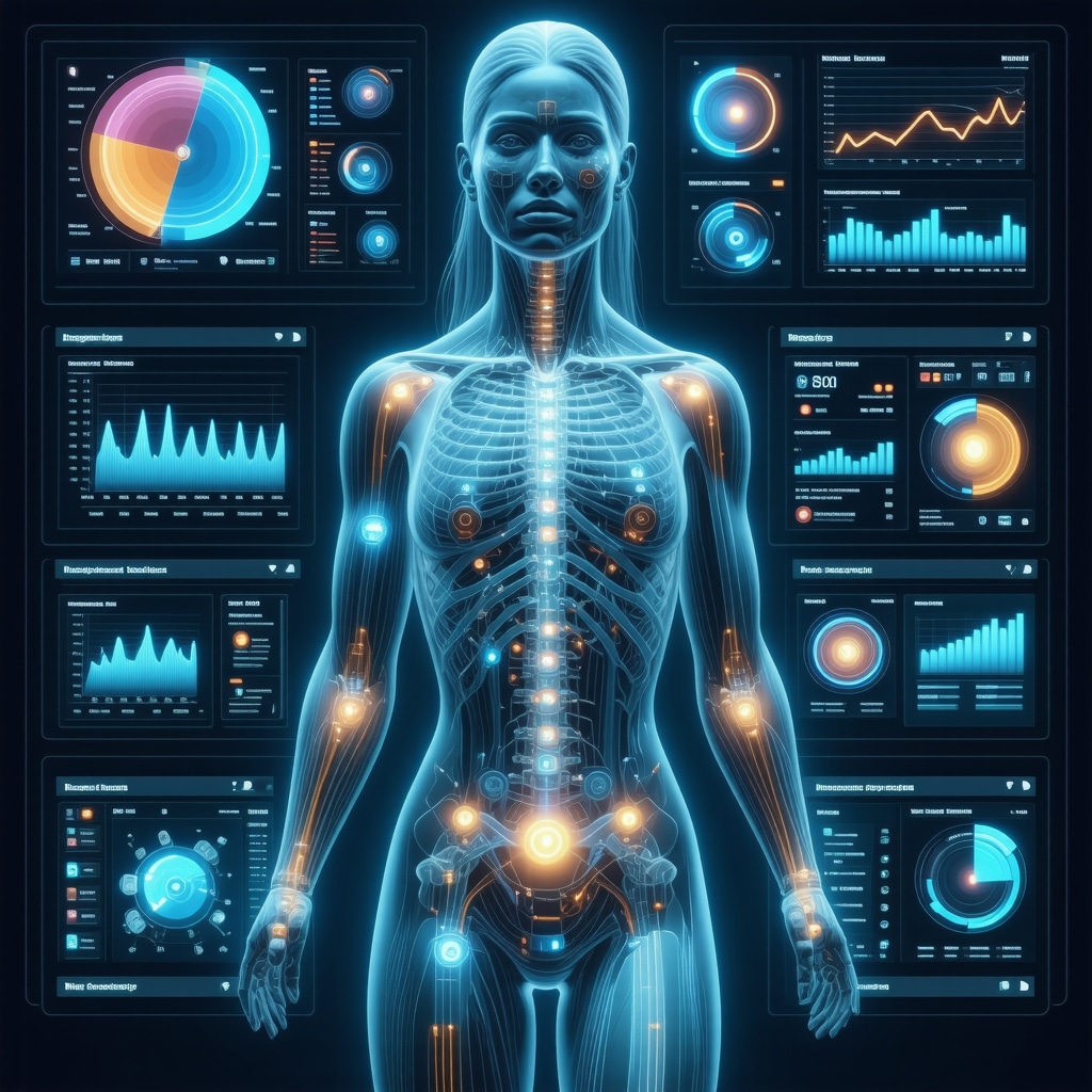 Futuristic digital health dashboard showing real-time data for personalized weight management