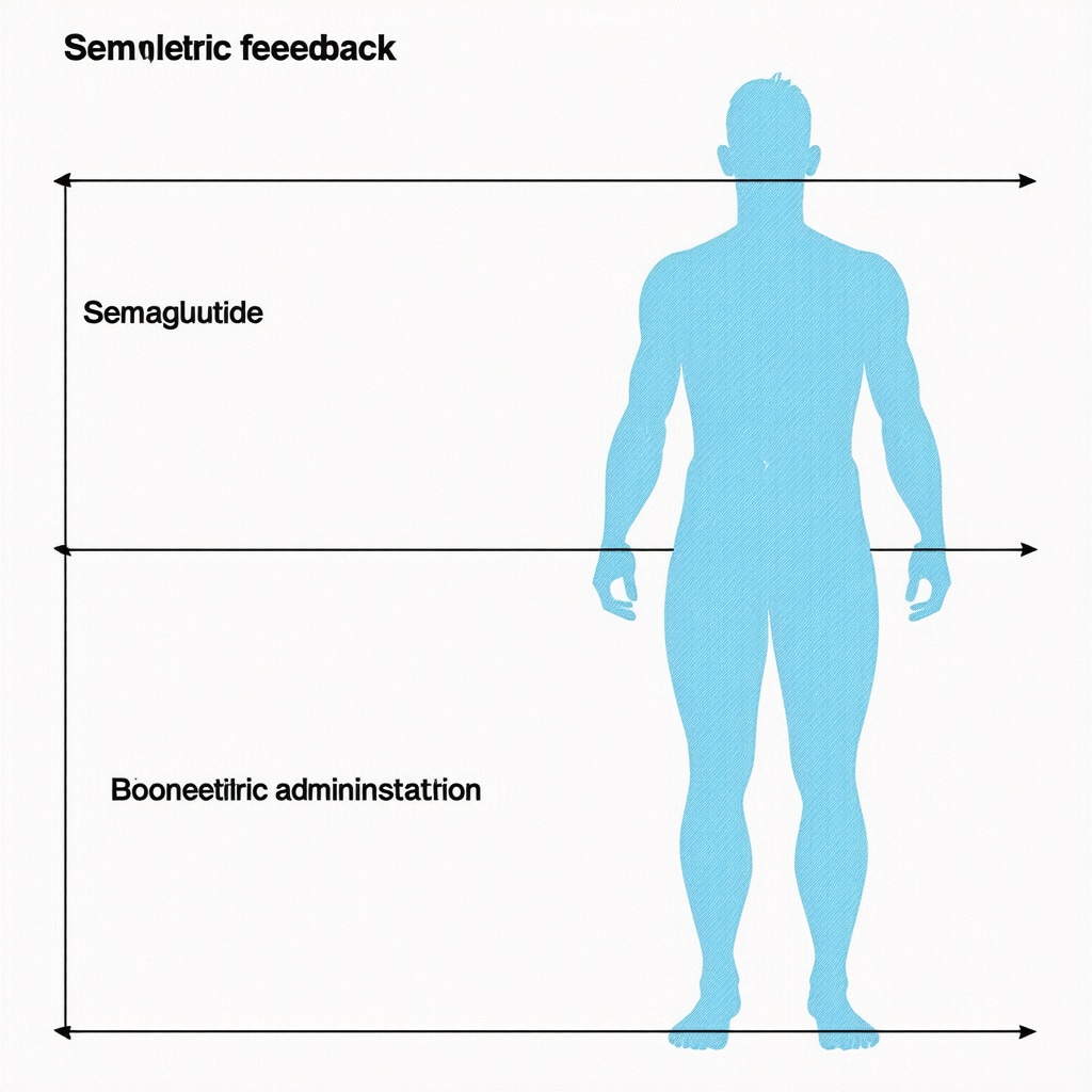 Diagram showing timing of semaglutide doses, biometric data, and fasting schedules for personalized weight management