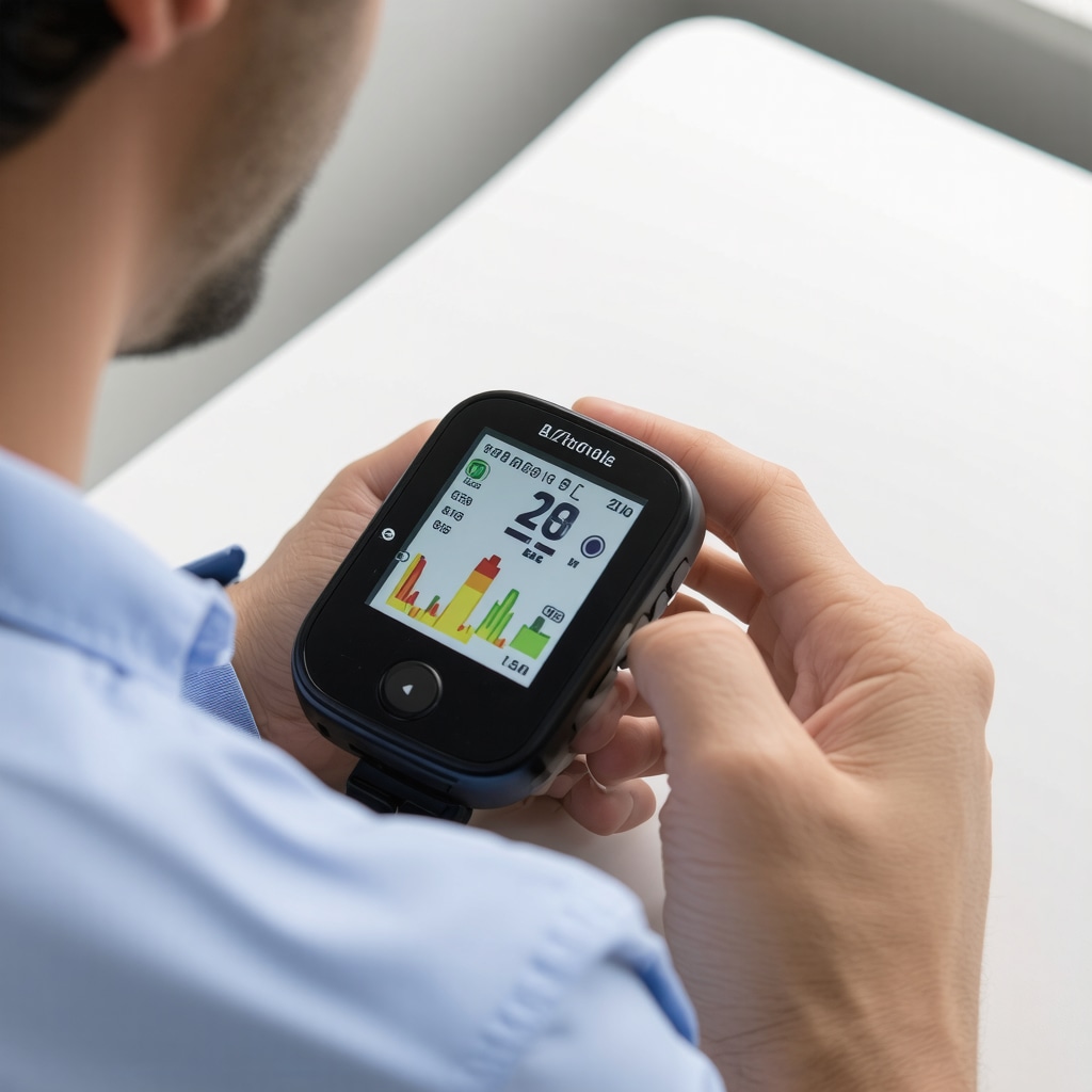 Person checking their continuous glucose monitor with dietary data visualization