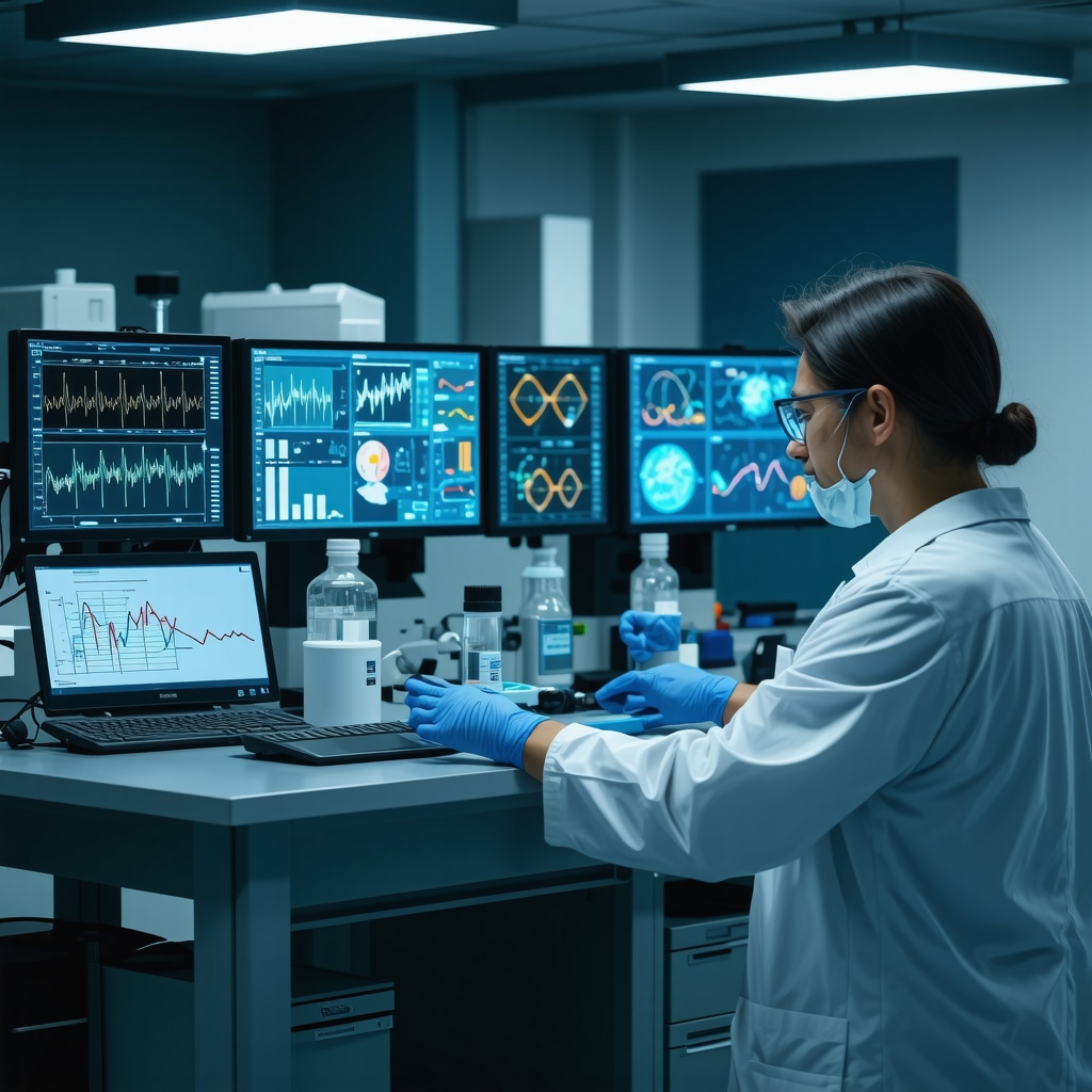 A futuristic laboratory with screens showing genetic and metabolic data for personalized weight management.
