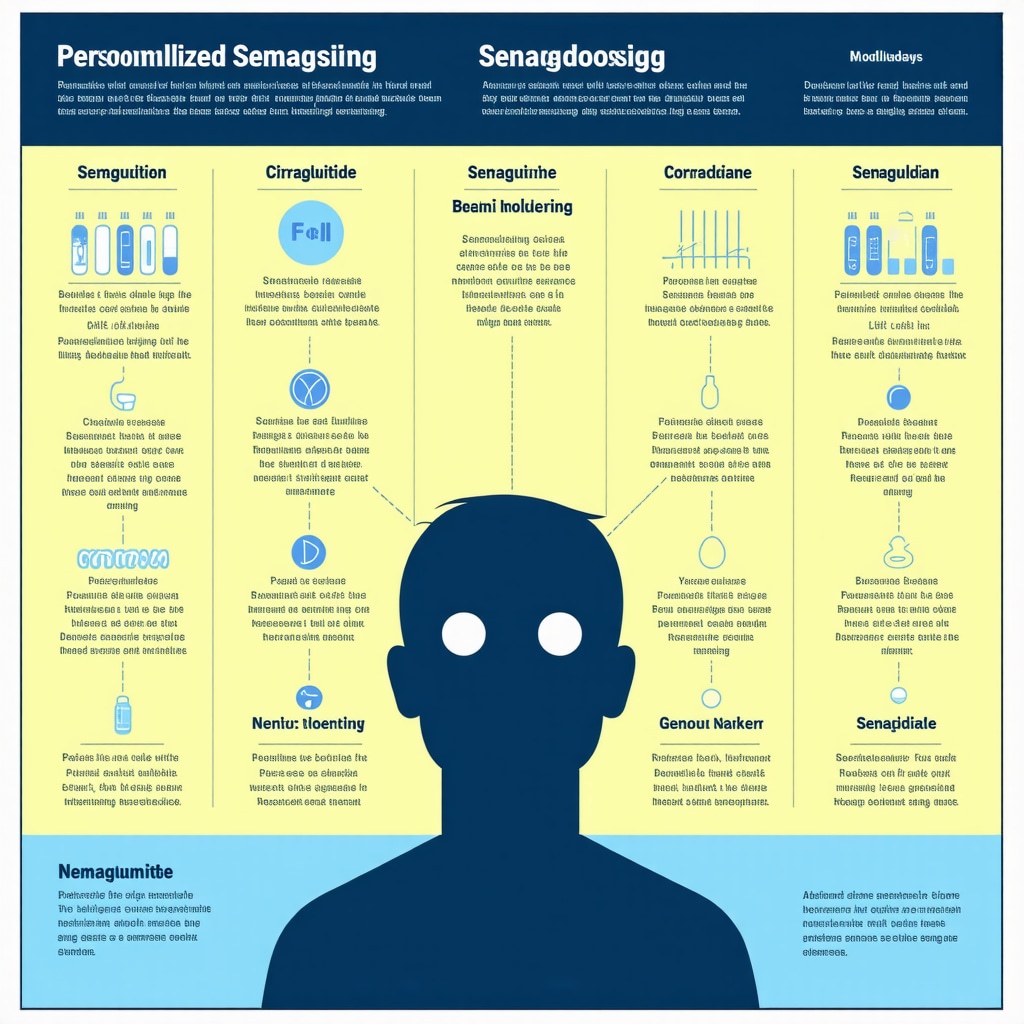 Infographic showing personalized Semaglutide dosing aligned with circadian rhythms, neuroendocrine modulation, and genetic factors affecting weight loss response