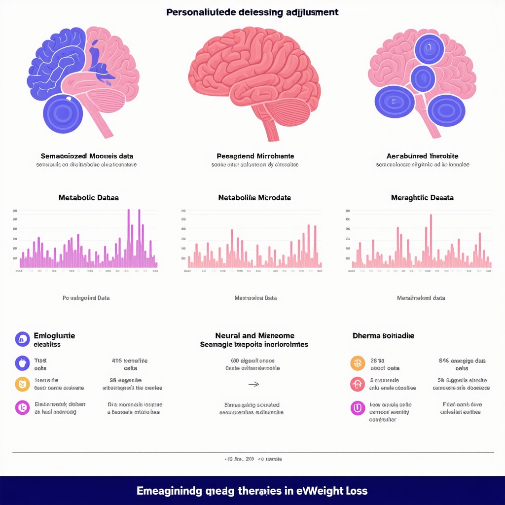 Infographic illustrating personalized Semaglutide dosing, metabolic monitoring, neuromodulation, and microbiome therapies