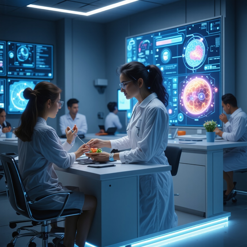 Futuristic medical consultation scene with genetic testing and digital health tools