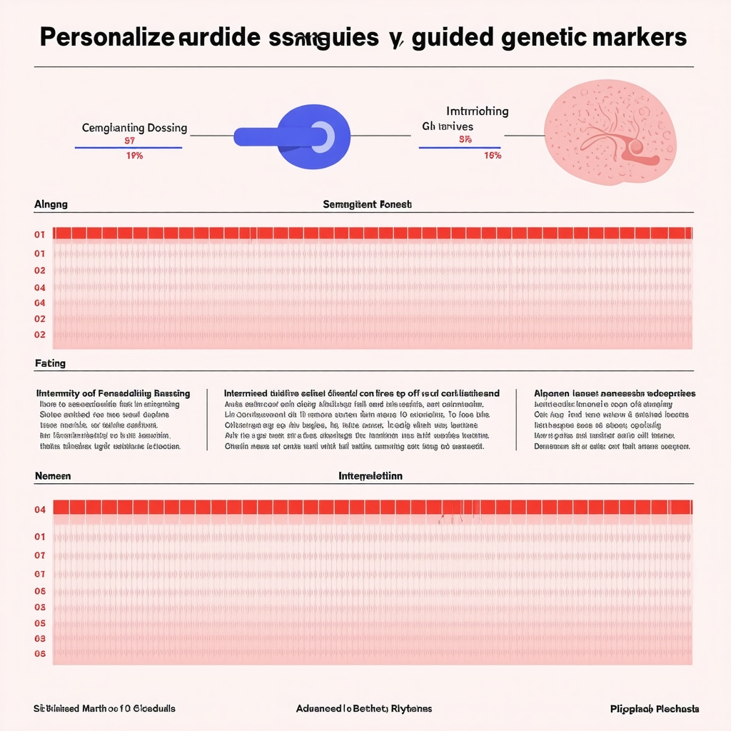 Infographic depicting genetic-guided semaglutide dosing and circadian-aligned intermittent fasting for optimized fat loss
