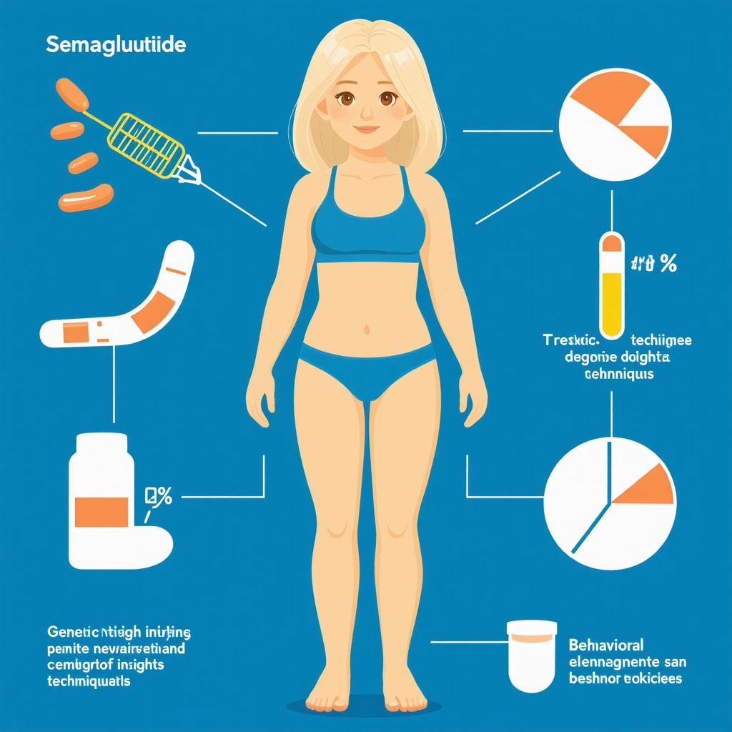 Diagram showing integration of medication, behavioral science, and genetics for weight management.