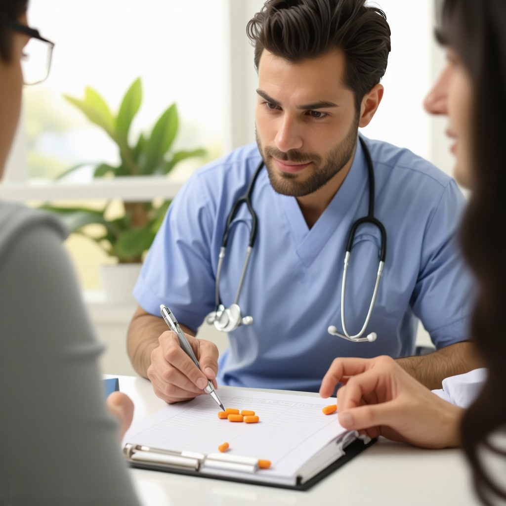 Doctor discussing long-term weight loss plan with patient using charts and digital devices.