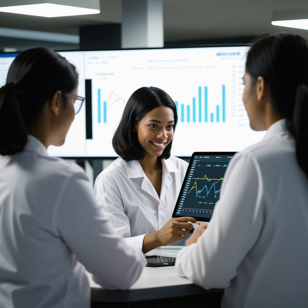 Clinicians analyzing metabolic data on monitors in a laboratory setting