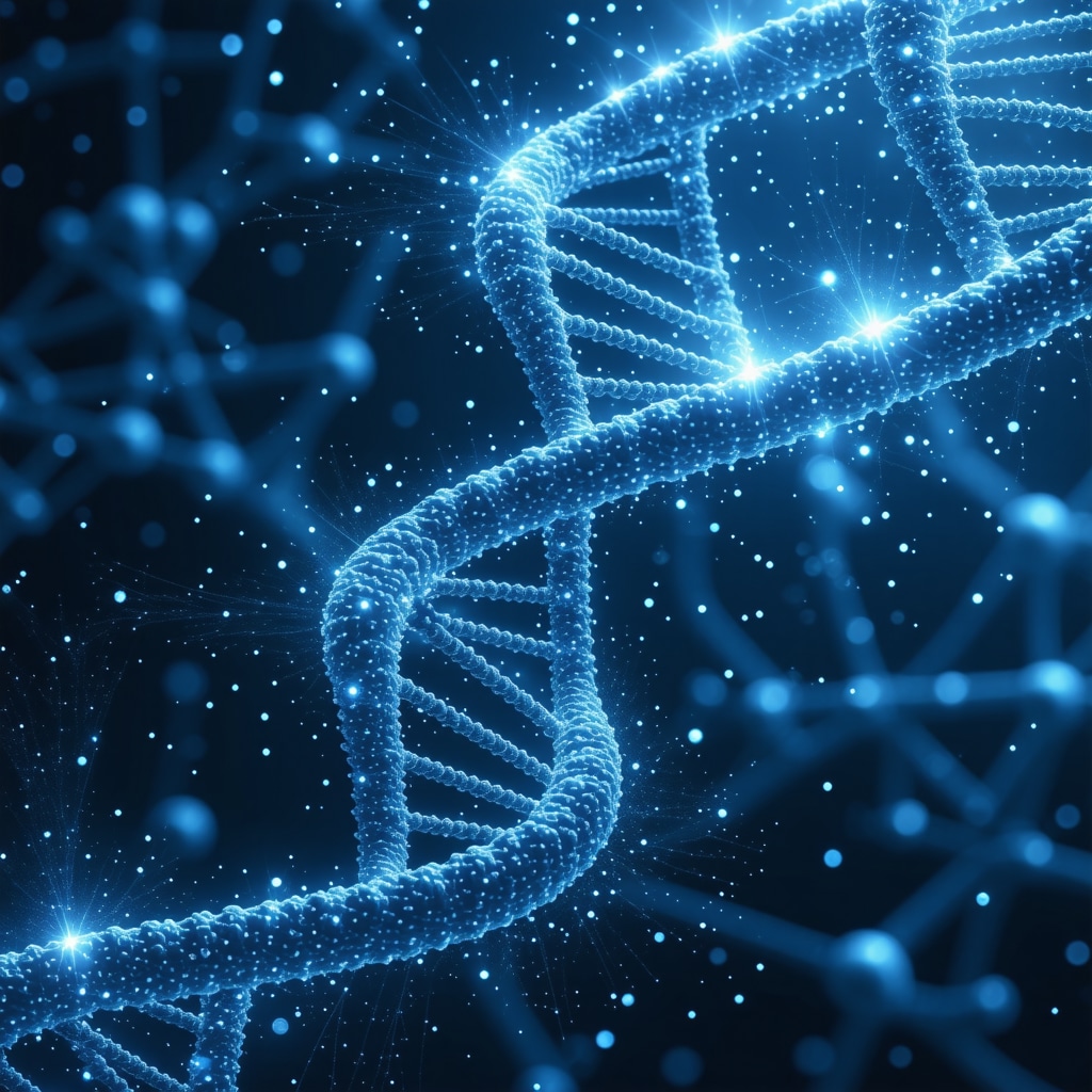 Illustration of DNA, data analytics, and GLP-1 receptor to represent personalized semaglutide treatment