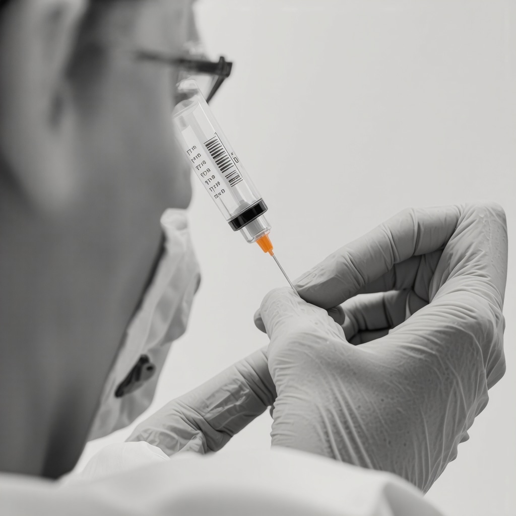 Healthcare professional drawing medication for weekly semaglutide injection.