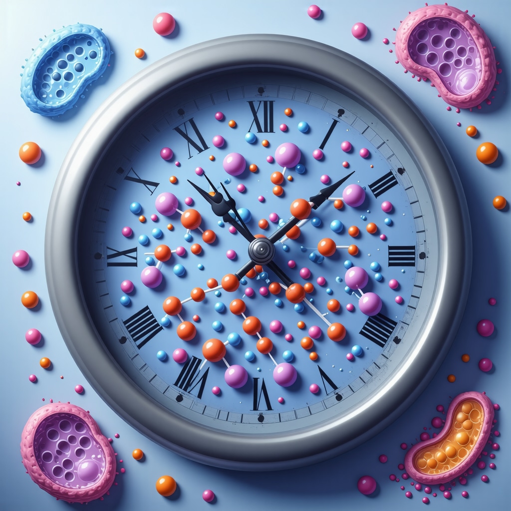 Diagram showing semaglutide activation of AMPK and mitochondrial biogenesis with circadian rhythm overlay