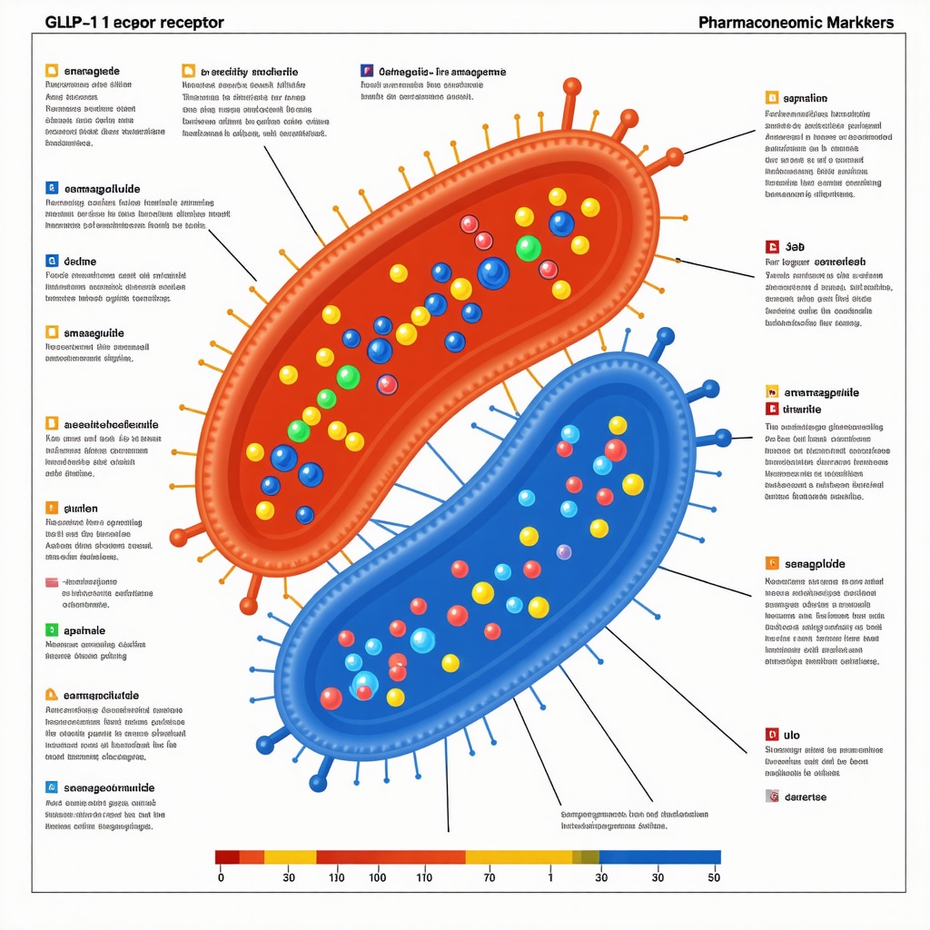 Infographic illustrating how semaglutide interacts with GLP-1 receptors and genetic factors affecting response