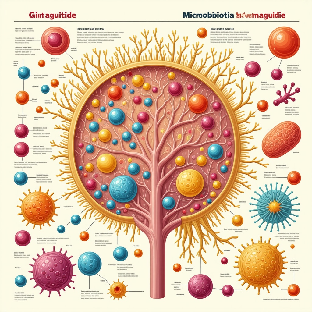 Infographic showing gut microbiota shifts and metabolic pathways affected by semaglutide.