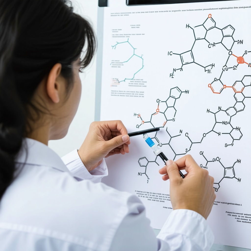 Illustration of Semaglutide interacting with metabolic pathways in the human body