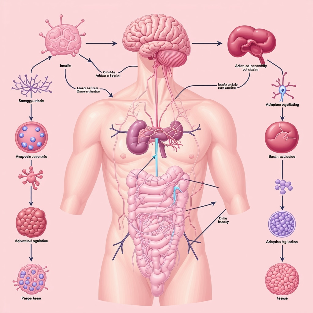 Diagram showing how Semaglutide interacts with various metabolic and neuroendocrine pathways for weight management.