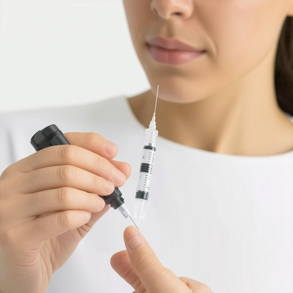 Patient using a smart semaglutide injection pen linked to a mobile app showing dosage and adherence data