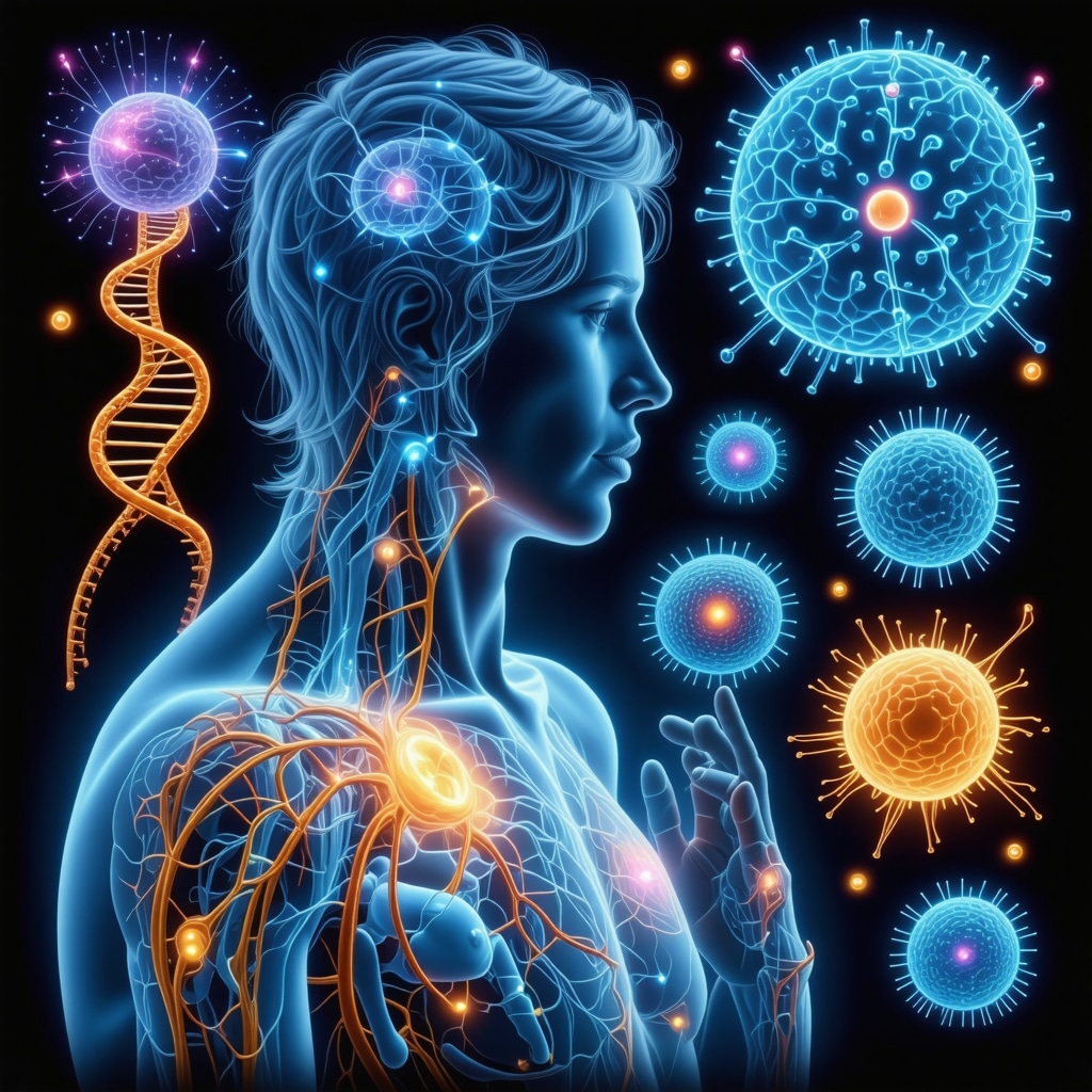 Illustration showing DNA, microbiome, and neural pathways representing personalized medicine approaches