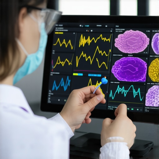 Scientist studying fat cell diagrams and metabolic data on a computer.