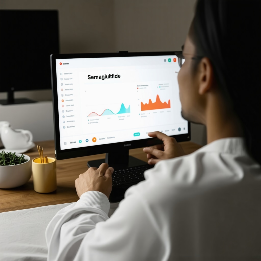 Person practicing fasting with health data and Semaglutide charts on screen