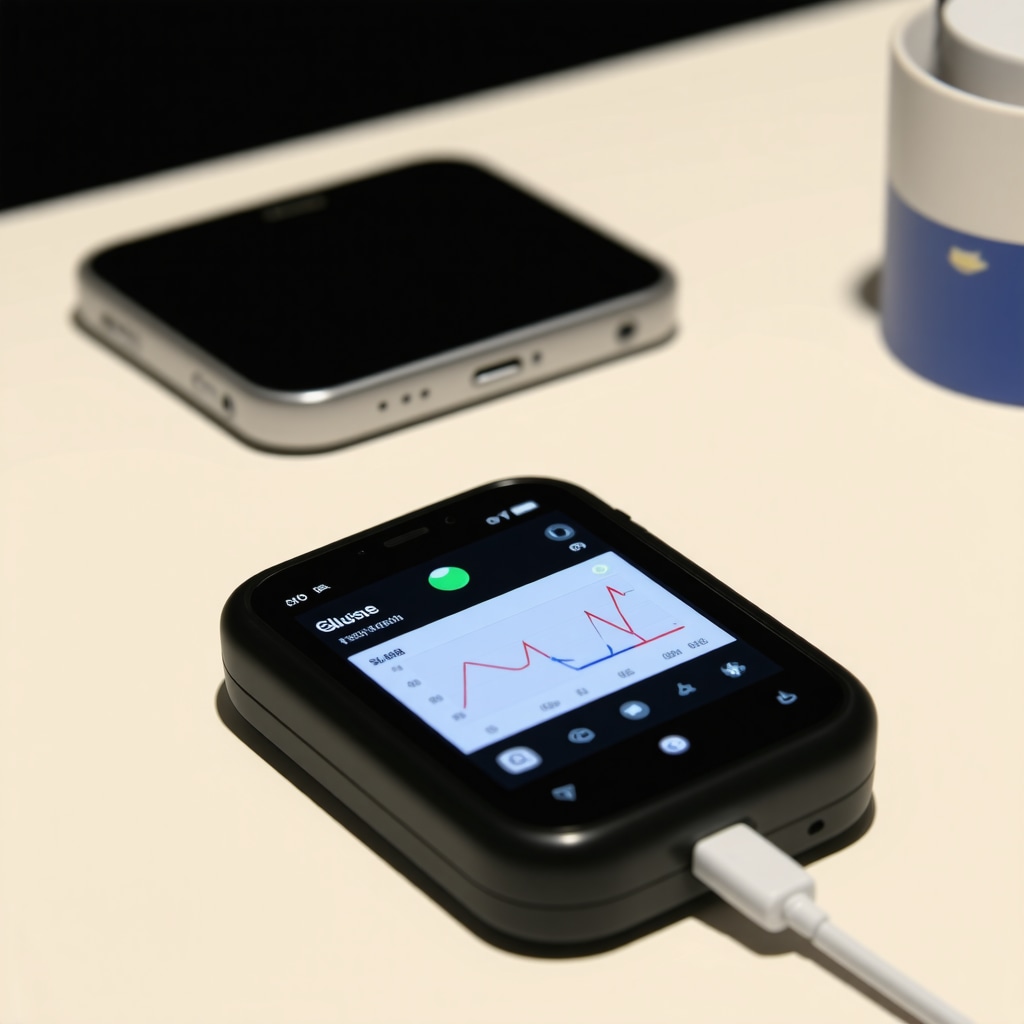 Wearable biosensor device for real-time glucose monitoring paired with a smartphone app, illustrating innovative health technology.