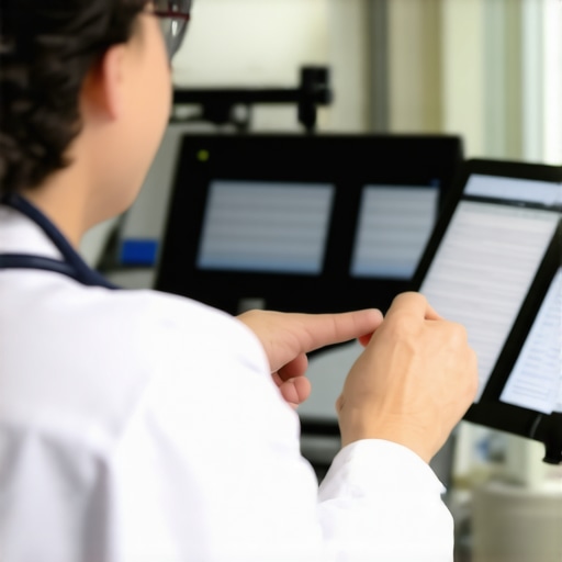 Medical professional analyzing patient data on a digital device in a clinical environment.