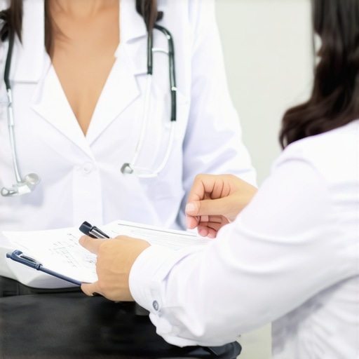 Doctor advising patient on Semaglutide treatment and fasting schedule in clinical setting.