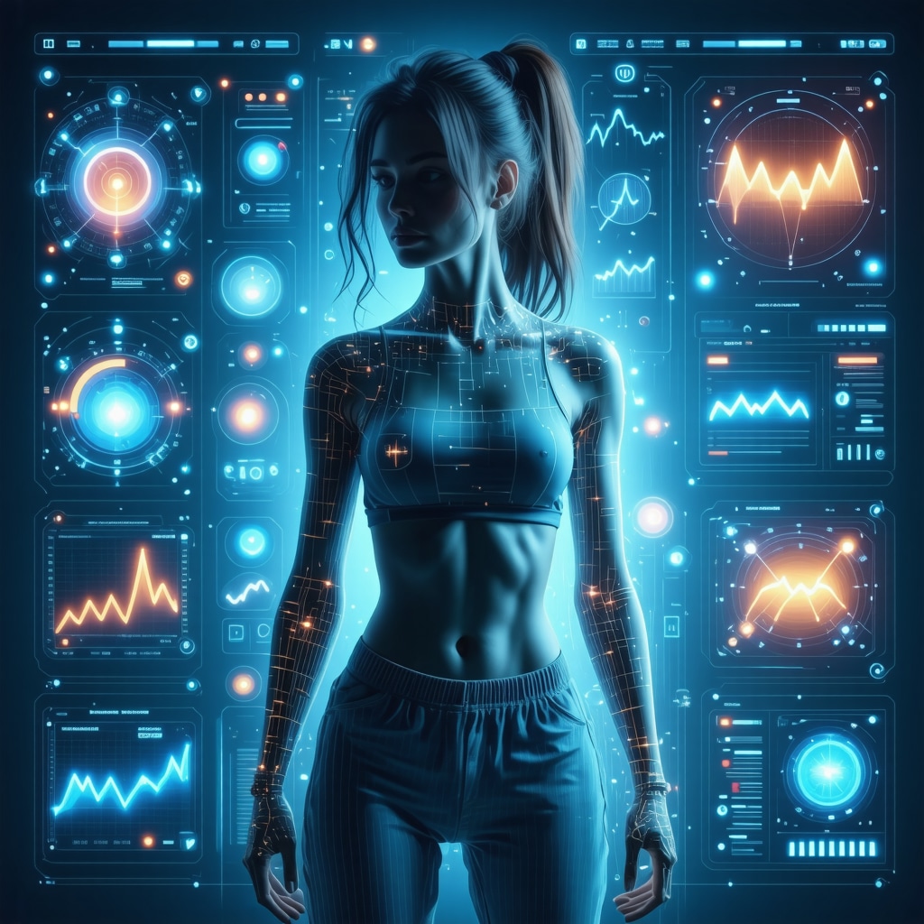 Futuristic digital health interface with wearable devices and AI analytics for personalized weight management
