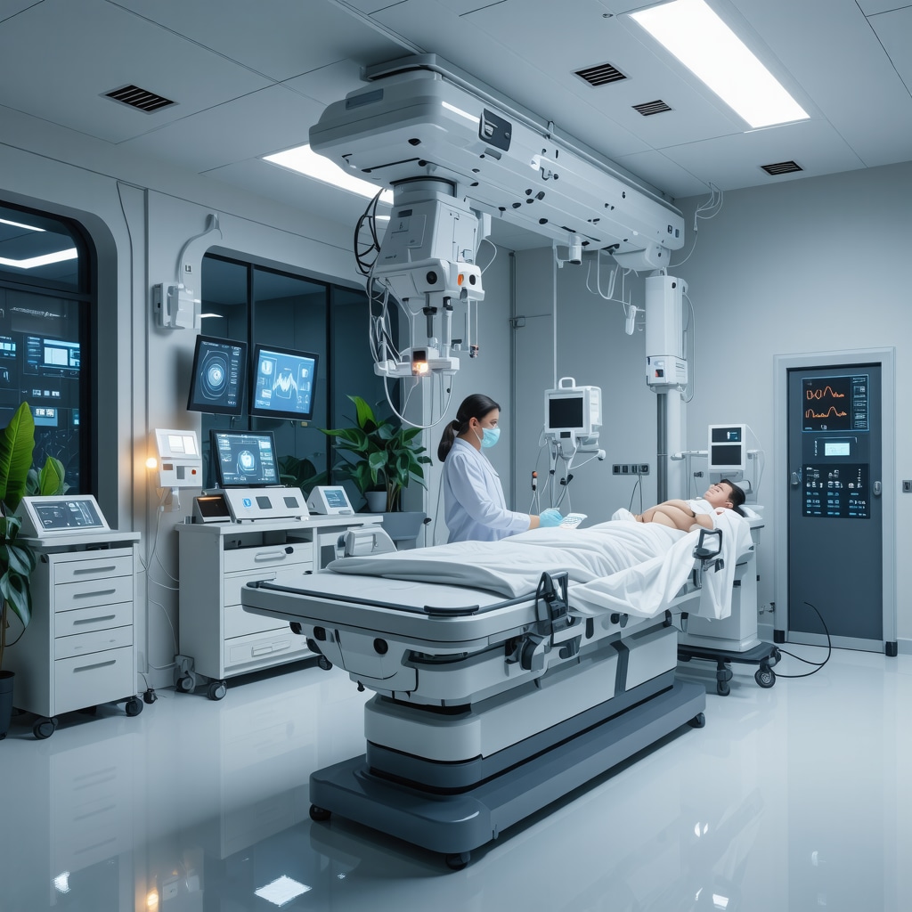 Advanced healthcare clinic with digital health monitors and patient data analysis
