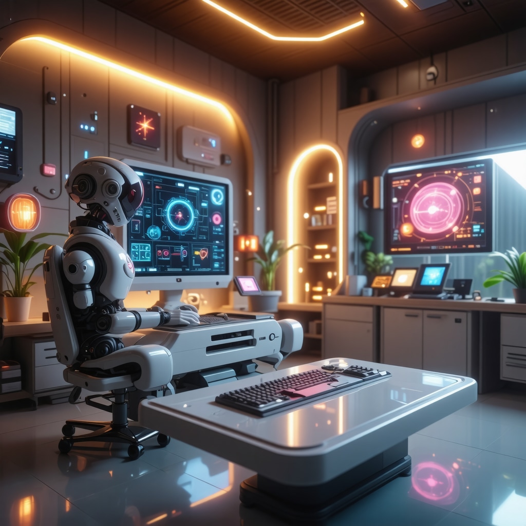 Futuristic medical consultation with AI, genetic testing, and digital health tools