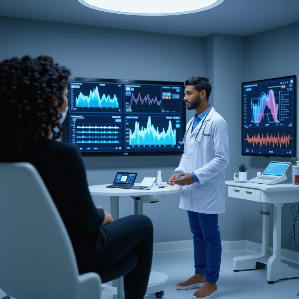 Doctor discussing weight loss strategies with patient in high-tech clinic.