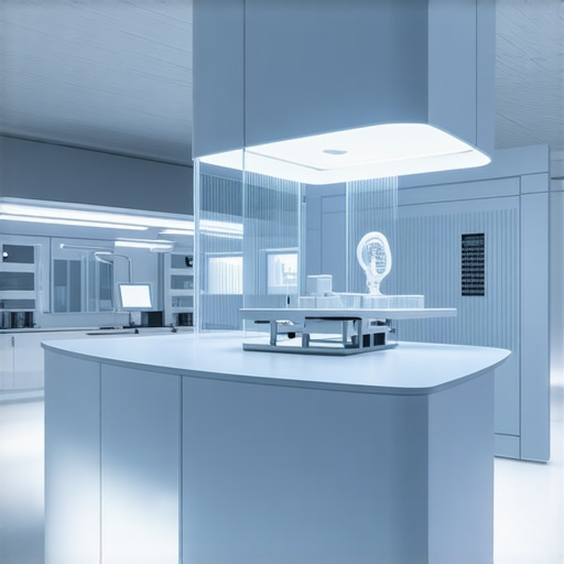 Futuristic lab with DNA analysis and AI interfaces for personalized medicine.