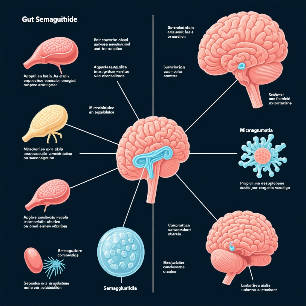 Infographic illustrating the gut-brain axis, microbiota, and appetite regulation affected by semaglutide.