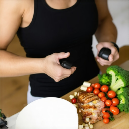 Person lifting weights and eating a nutritious meal, symbolizing combined approach to weight management.